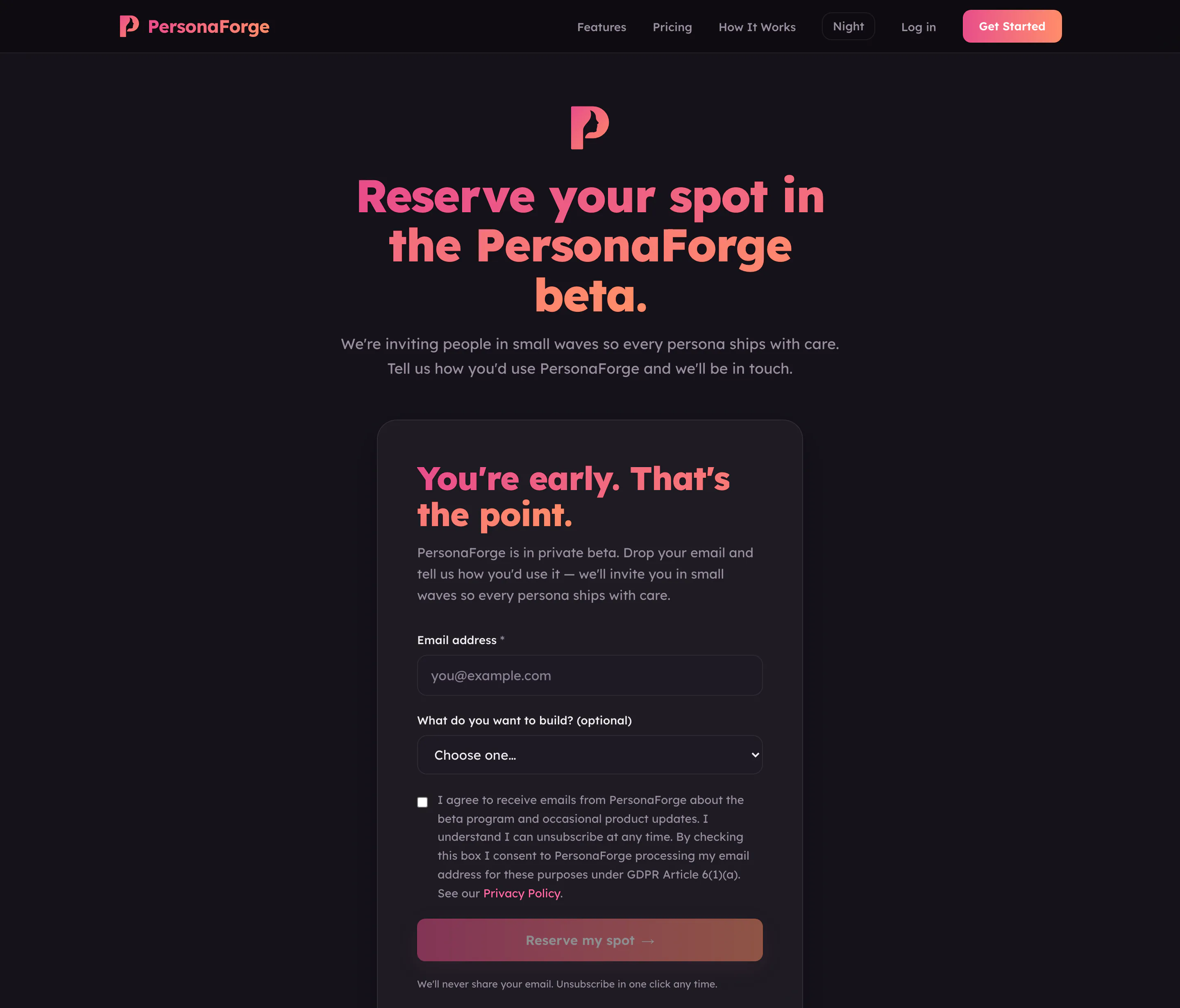 The PersonaForge waitlist page at desktop size: a headline inviting people to reserve a spot in the beta, and a short form.