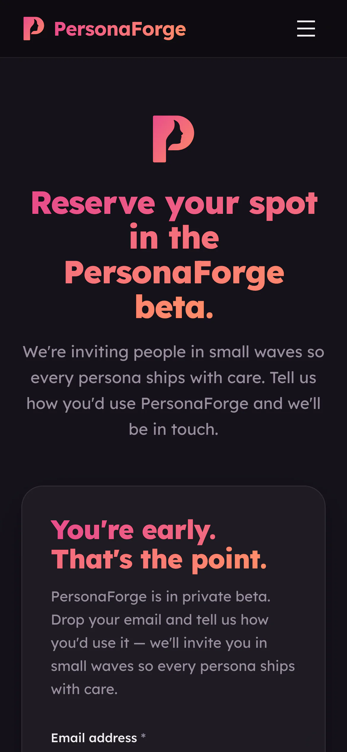 The PersonaForge waitlist page at phone size.