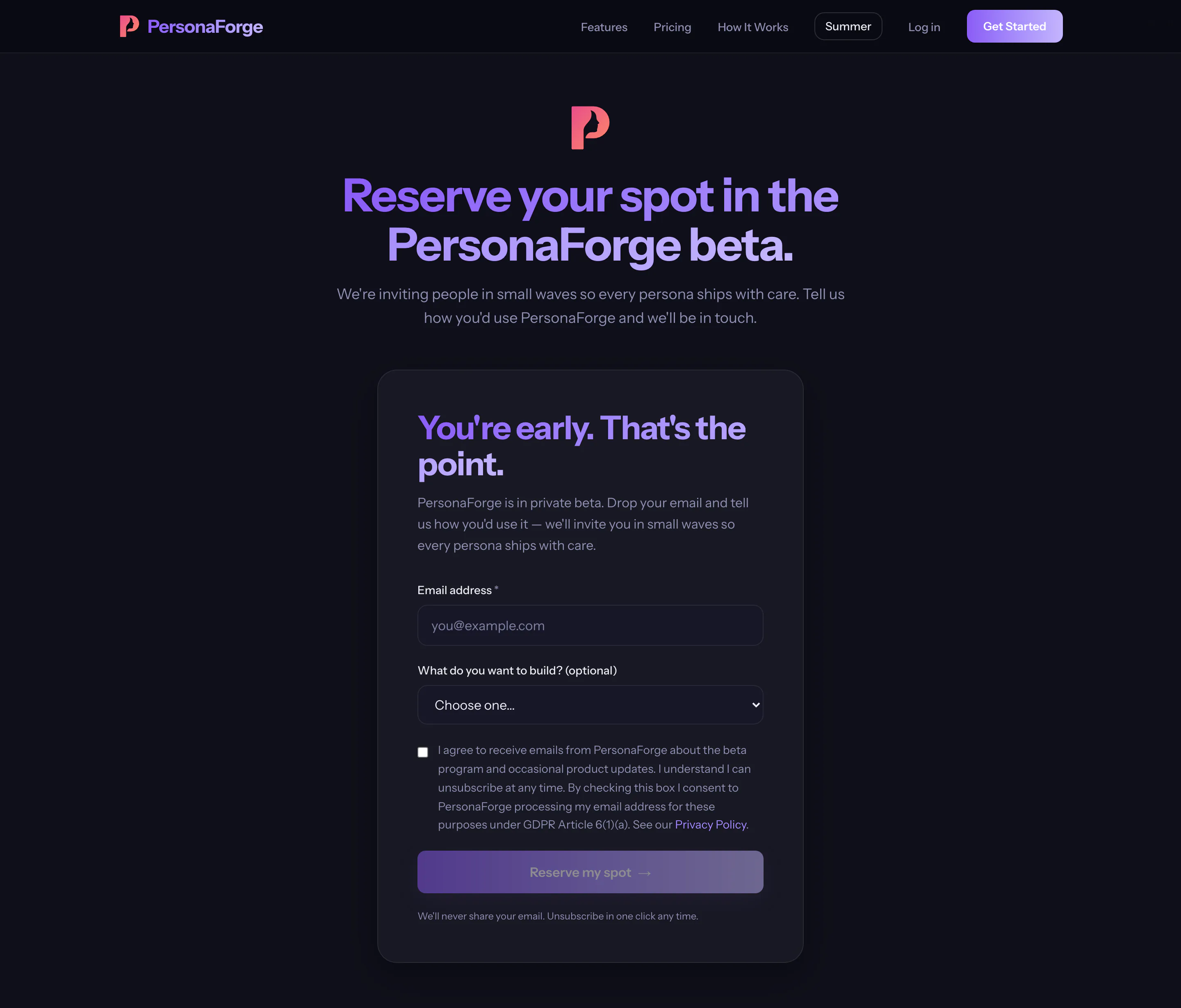 The PersonaForge waitlist page in its dark theme.