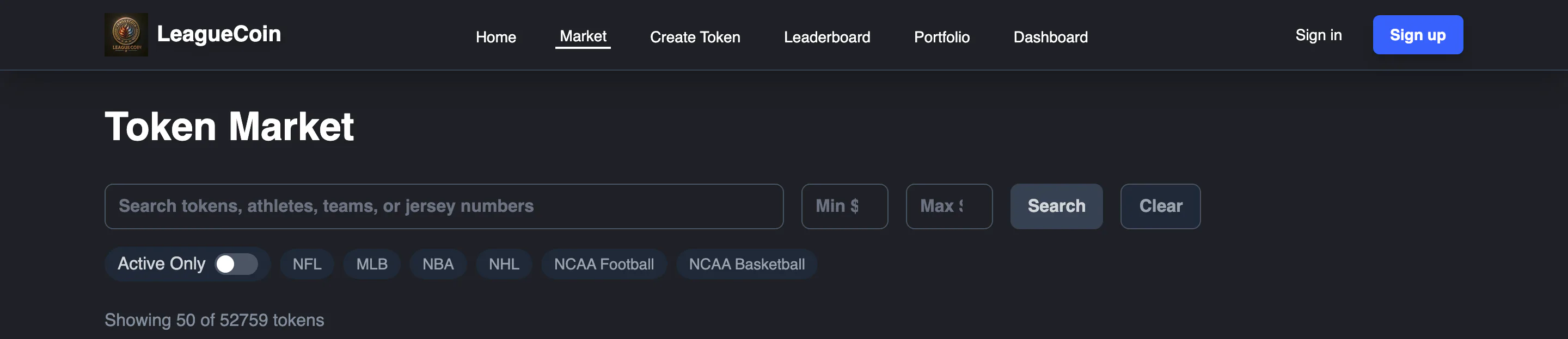 The market’s search field and six league filters.
